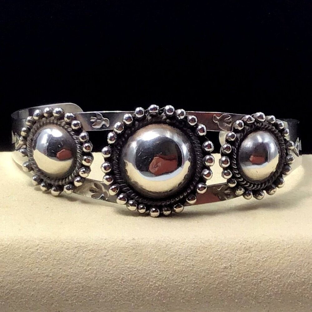 Sterling Silver Cuff Bracelet Vintage Adjustable Circular Design Stampings 7.25”